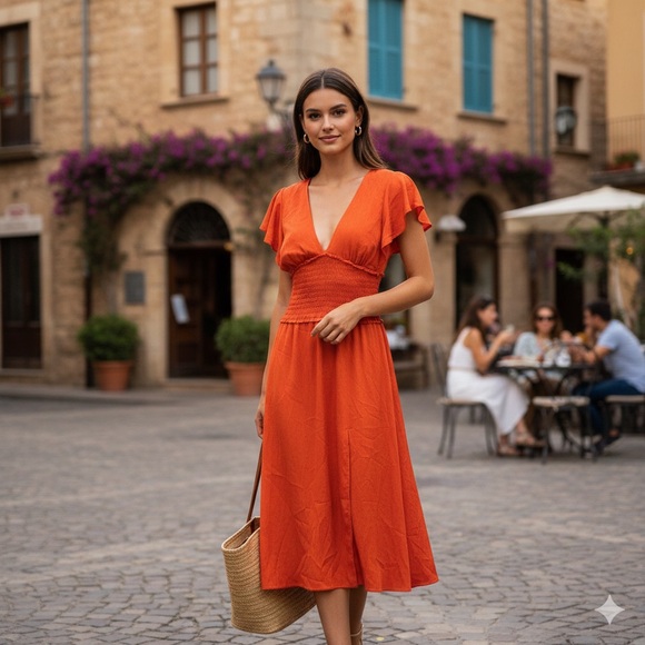 Leith Dresses & Skirts - Leith Orange Red Smocked Midi Dress V-Neck Flutter Sleeve Side Slit Size XS